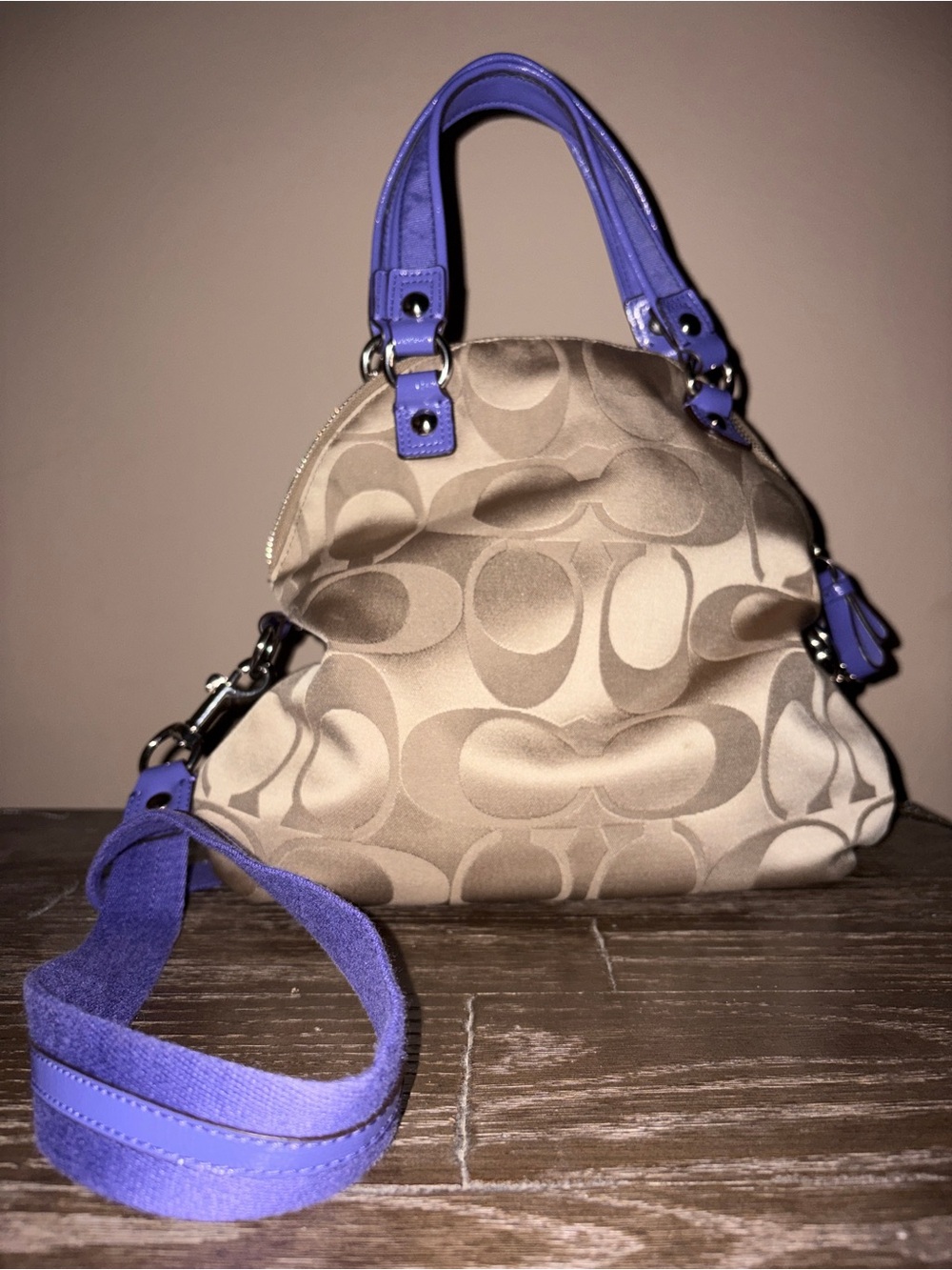 Coach Poppy Fold-over Satchel in Khaki Signature with Purple Handed w/ Trim - Picture 2 of 7